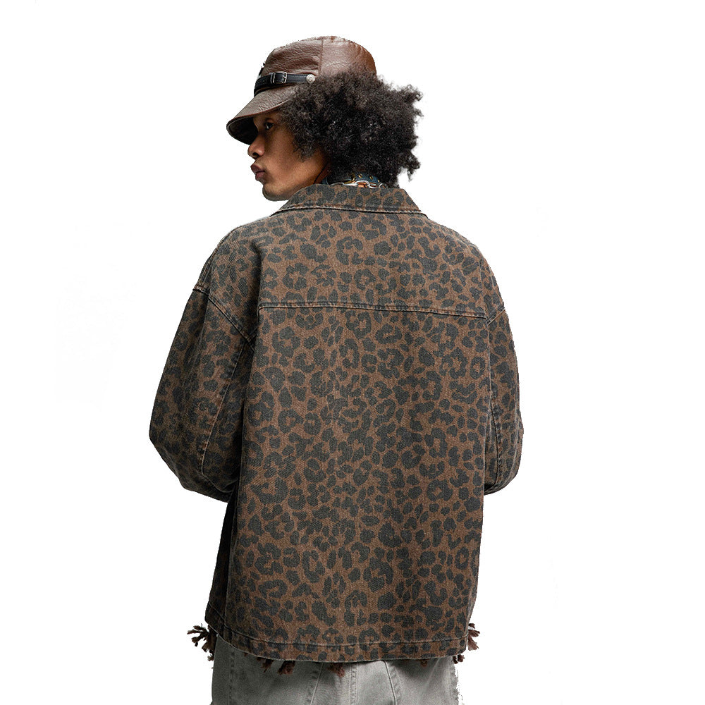 Leopard Print Denim Jacket   Style Men's Punk Spring and Autumn Loose Casual Washed Open Front Zipper Collar Outerwear