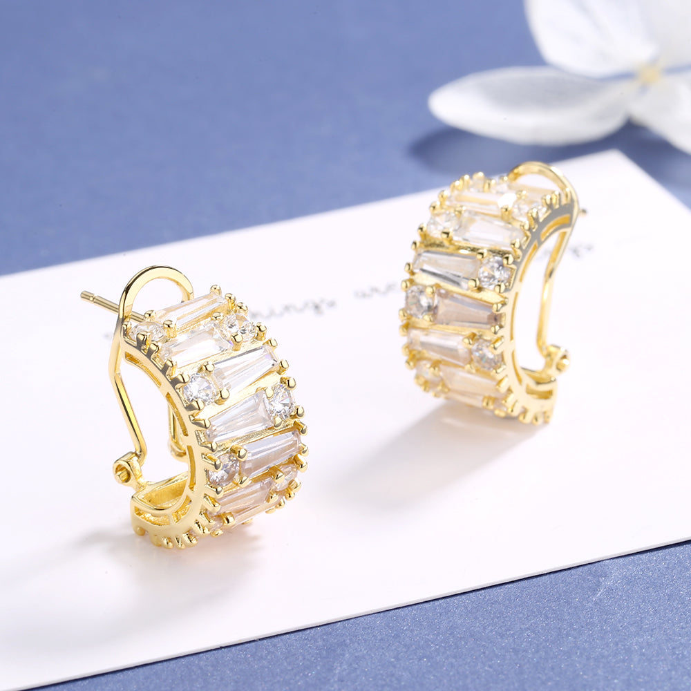 14K Gold Plated Round and Emerald Huggie Earrings With Genuine Crystals