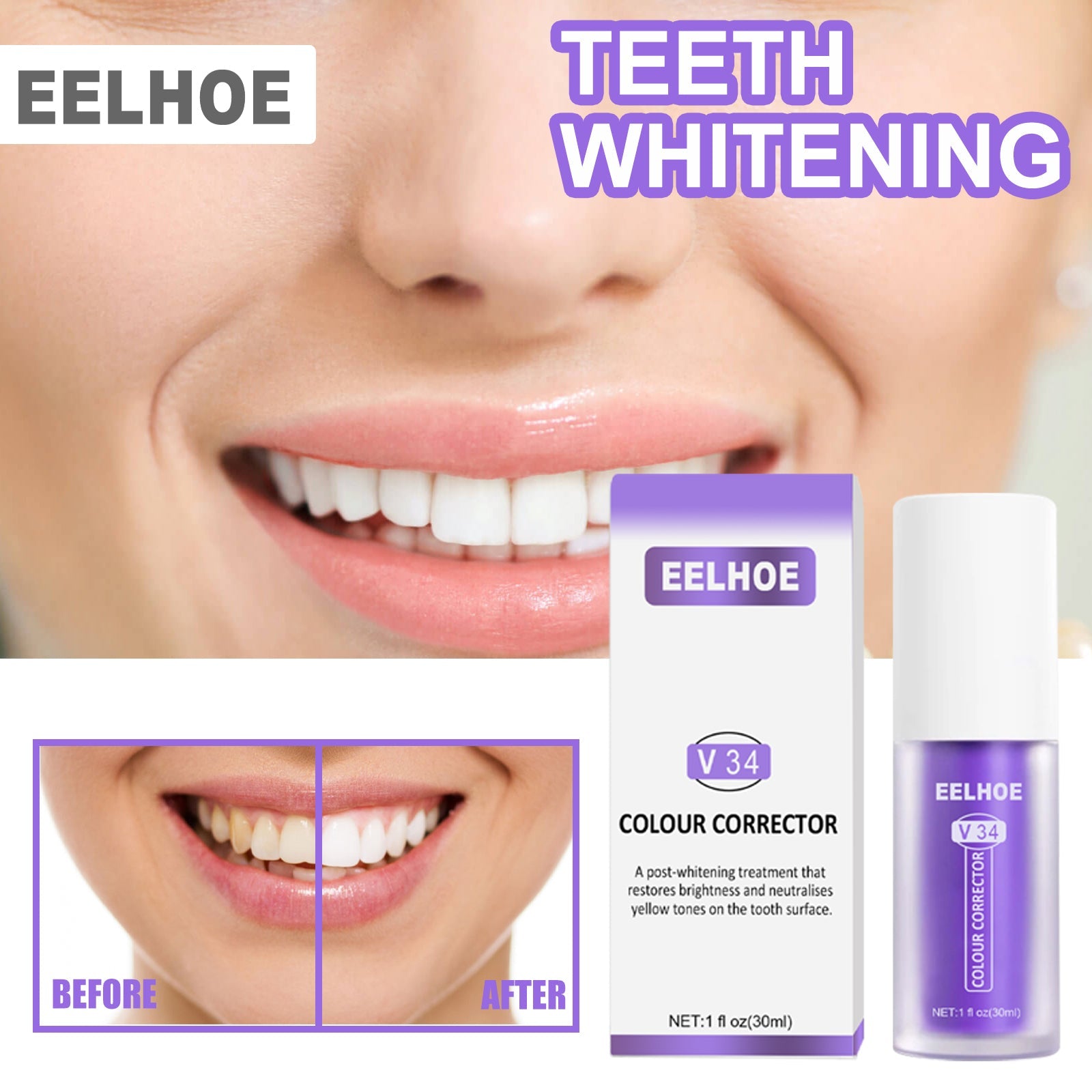 V34 Colour Corrector, Mouth Shine White Clean Stains Shine White Teeth Purple Toothpaste
