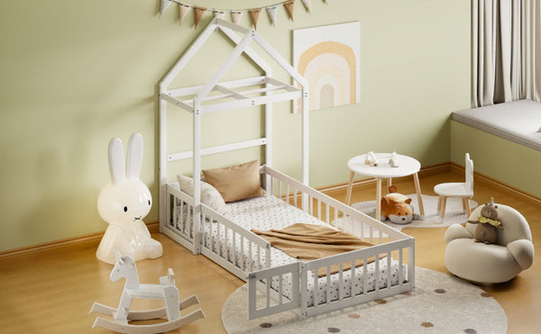 Wooden Twin Size Children's Bed with Detachable Headboard and Integrated Clothes Drying Rack, White