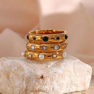 18K Gold Plated Green Zircon Pearl Rings For Women Waterproof Hypoallergenic Dainty Gold Ring Stainless Steel Jewelry