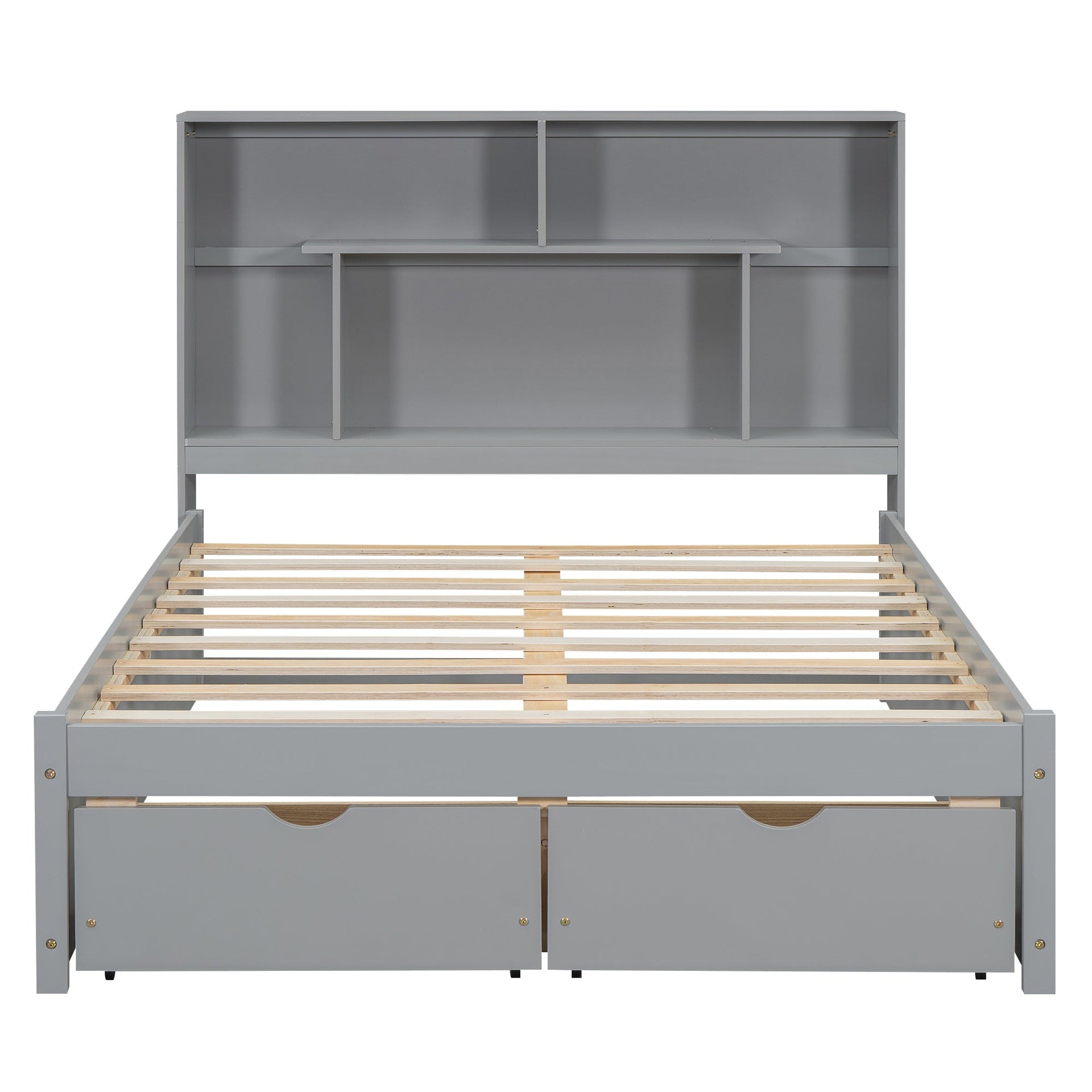 Full Size Platform Bed with Storage Headboard and 2 Drawers, Gray