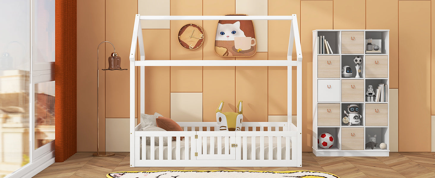 Twin Size Wood House Bed with Fence and Door, White