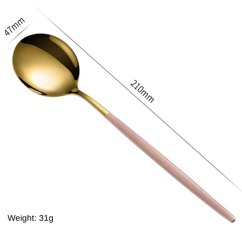 Stainless Steel Cutlery Set with Portuguese Gold Spray Painted Steak Knife, Fork, Spoon, and Tea Spoon 4-Piece Gift Pack