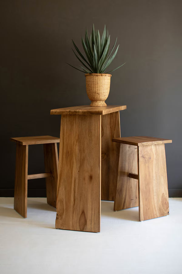 SET OF THREE TEAKWOOD BAR AND TWO STOOLS