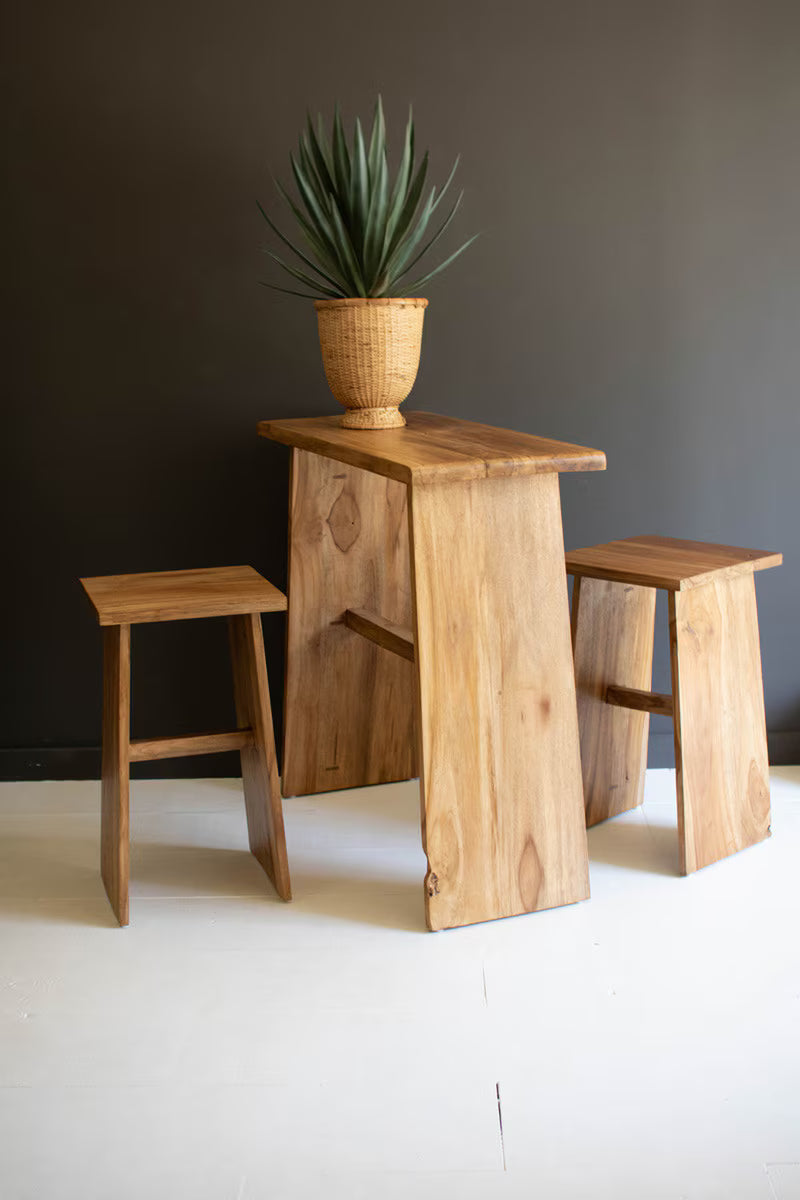 SET OF THREE TEAKWOOD BAR AND TWO STOOLS