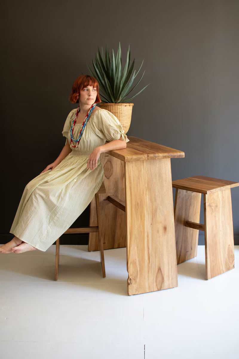 SET OF THREE TEAKWOOD BAR AND TWO STOOLS