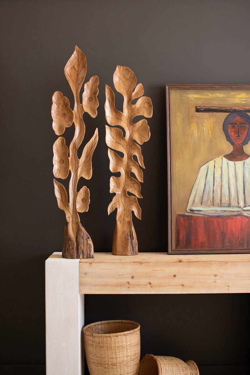 SET OF TWO BOTANICAL TEAK SCULPTURES ABOVE