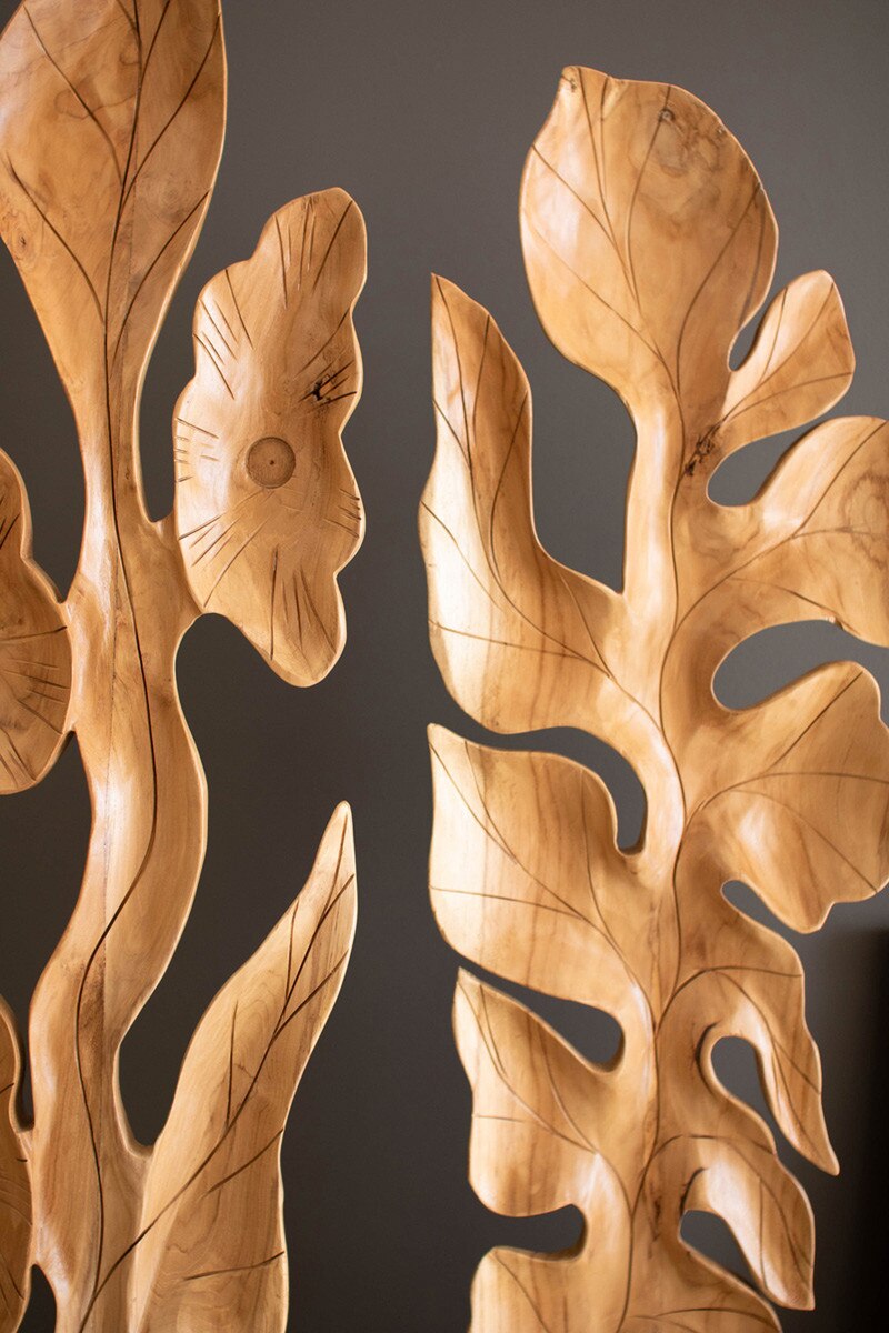 SET OF TWO BOTANICAL TEAK SCULPTURES ABOVE