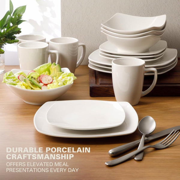 16 Pieces - White Square Porcelain Dinnerware Set - Service for 4