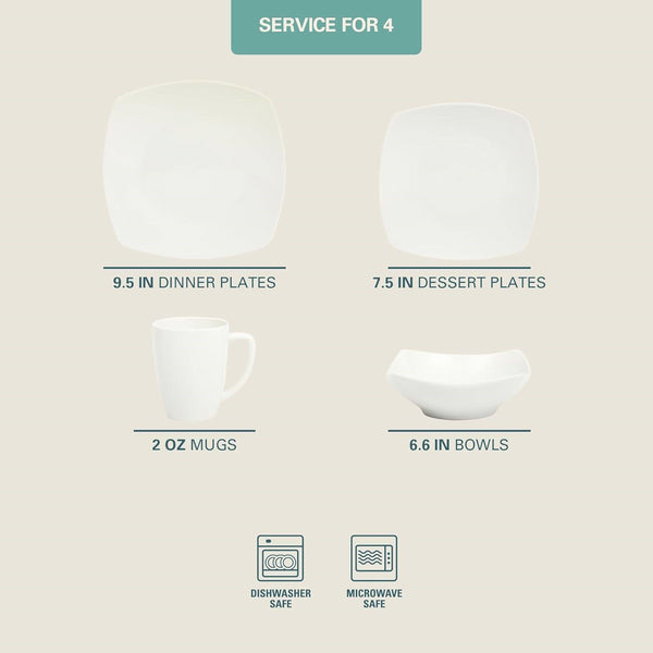 16 Pieces - White Square Porcelain Dinnerware Set - Service for 4