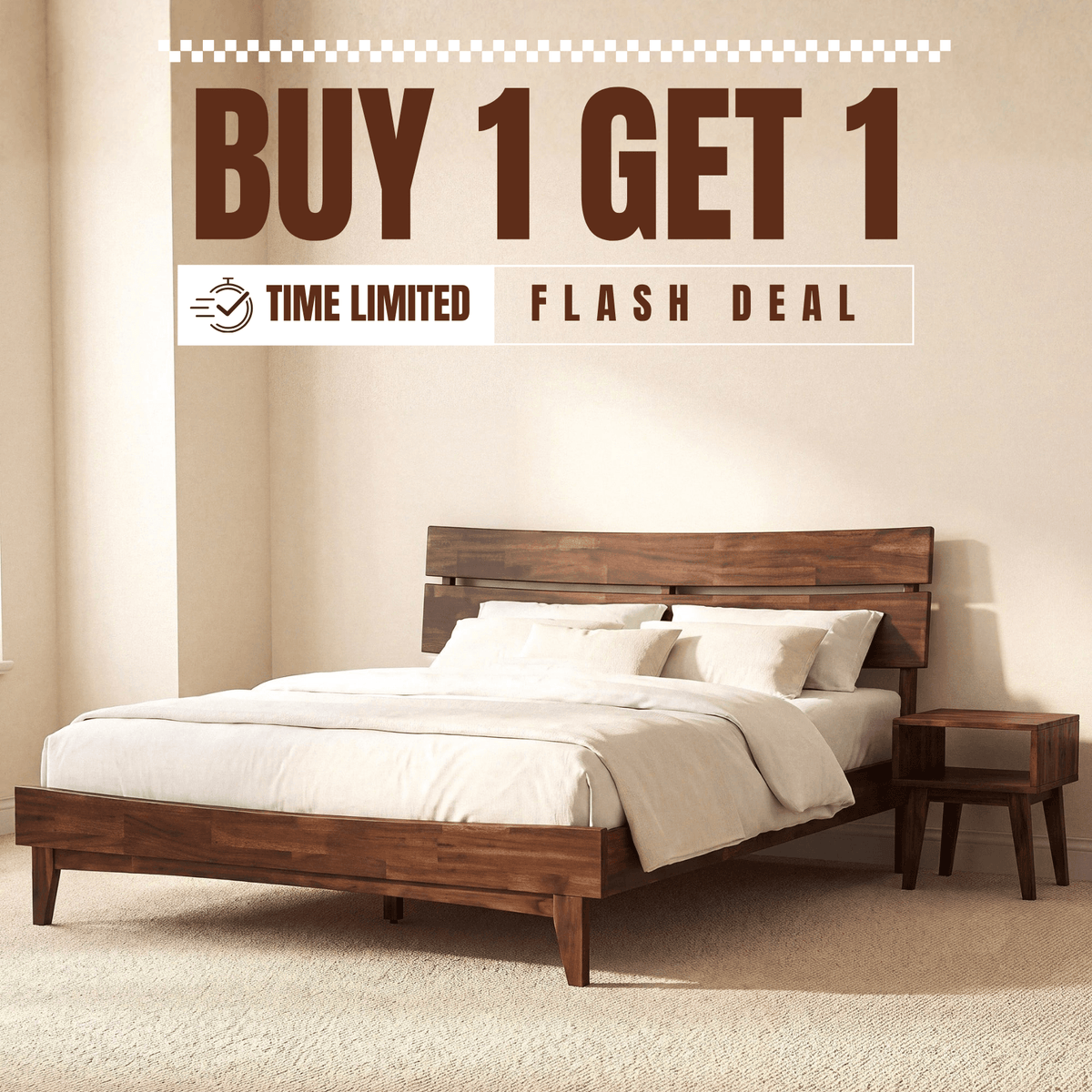 [Buy 1 Get 1] Aurora Solid Wood Bed Frame & Nightstand