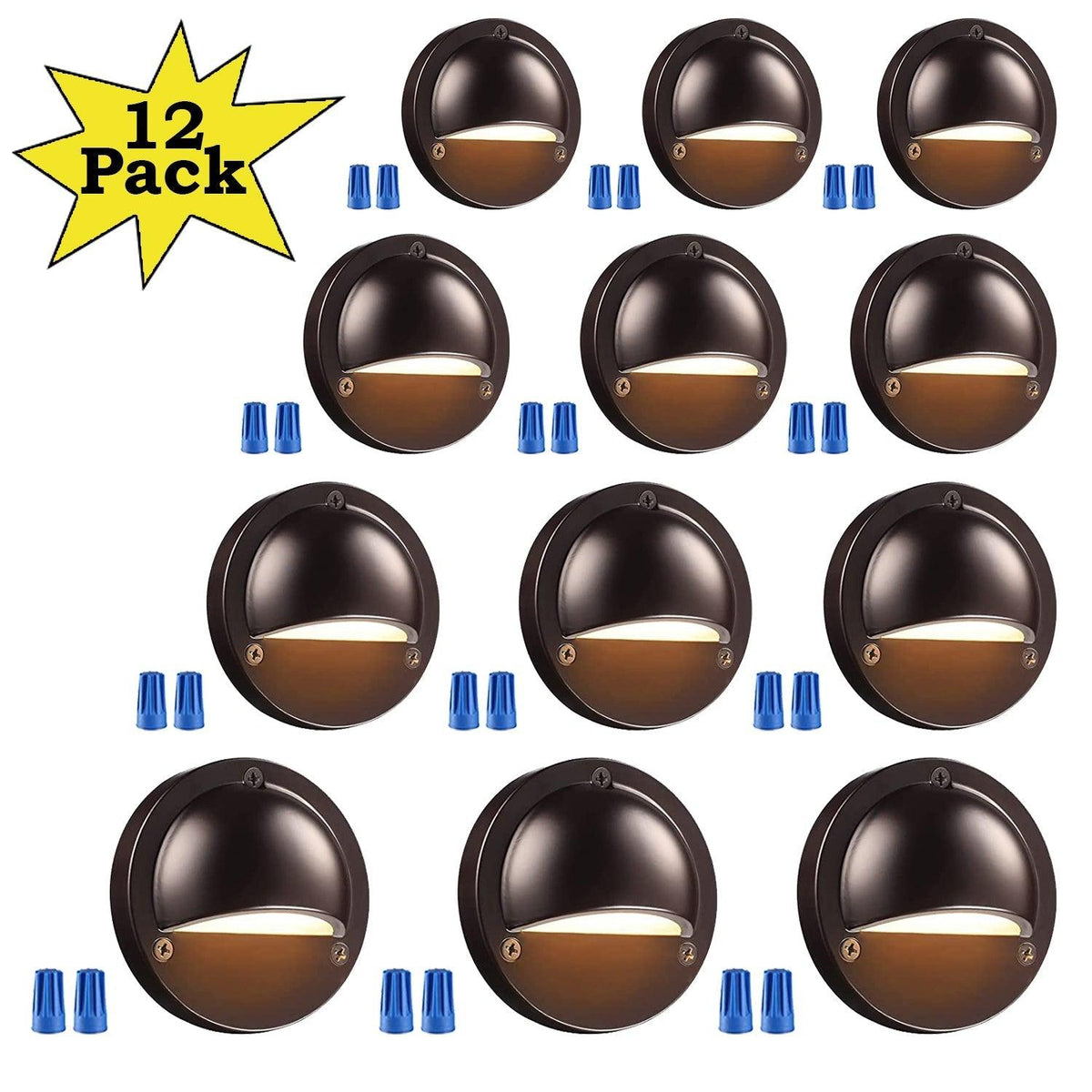 DLA01 12-Pack Brown 2.5W Low Voltage 3000K Warm White Integrated  LED Outdoor Half Moon Aluminum Deck Lights Package, 12V LED Step Fence Landscape Lights