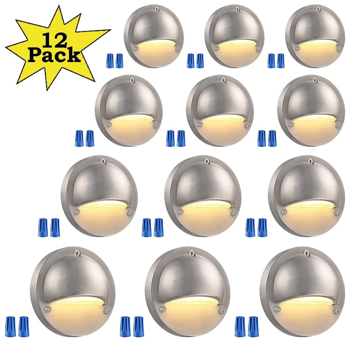 DLA01 12-Pack Satin Nickel 2.5W Low Voltage 3000K Warm White Integrated LED Outdoor Half Moon Aluminum Deck Lights Package, 12V LED Step Fence Landscape Lights