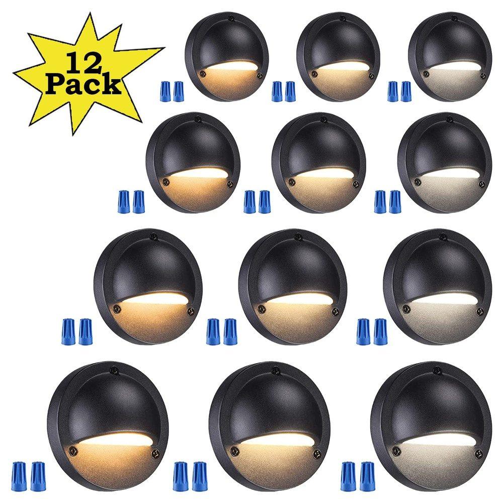 DLA03 12-Pack Black 2.5W 3CCT Low Voltage 3000K Warm White Integrated LED Outdoor Half Moon Aluminum Deck Lights Package, 12V LED Step Fence Landscape Lights