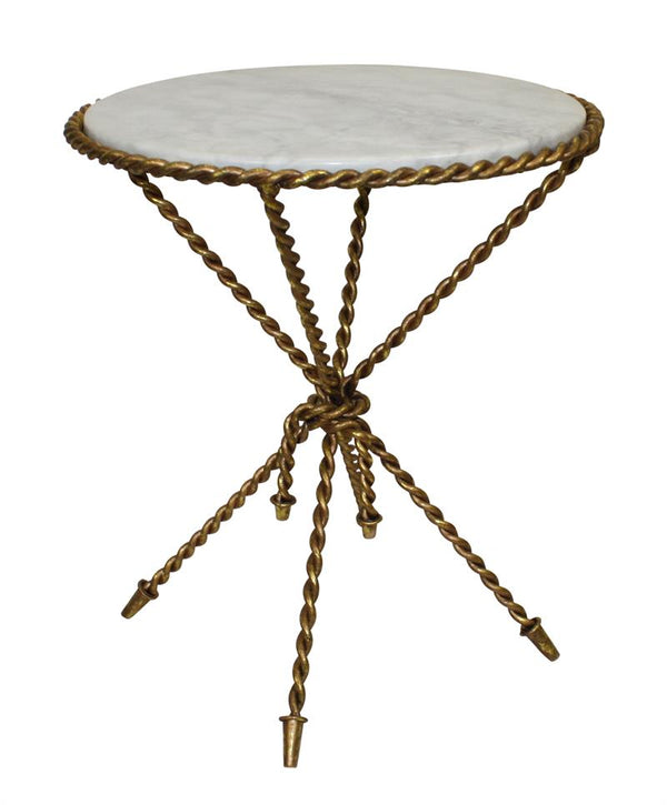 Luxe Twisted Iron Gold Rope Knot Accent Table Round Tripod White Marble Top