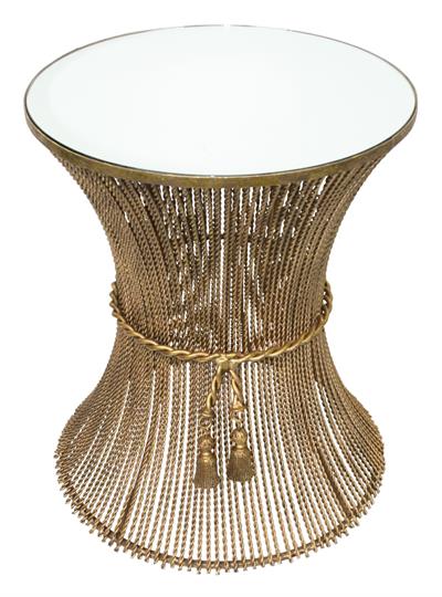 Italian Gold Twisted Iron Side Table with Tassel Rope Accent and Inset Mirror Top