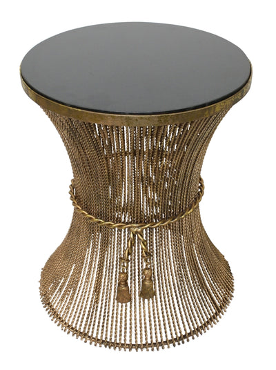 Italian Gold Twisted Iron Side Table with Tassel Rope Accent and Inset Black Granite Top