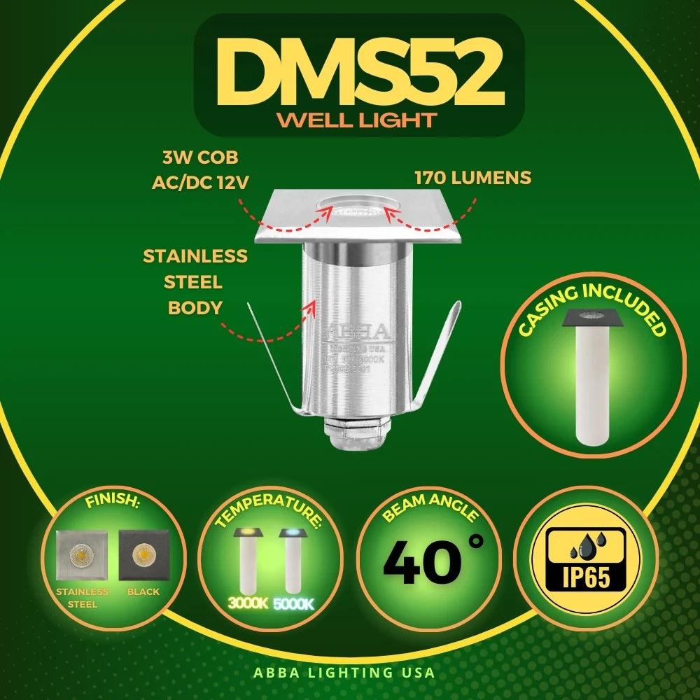 DMS52 3W COB LED 12V Low Voltage Square Top Stainless Steel Waterproof In-Ground Landscape Well Light