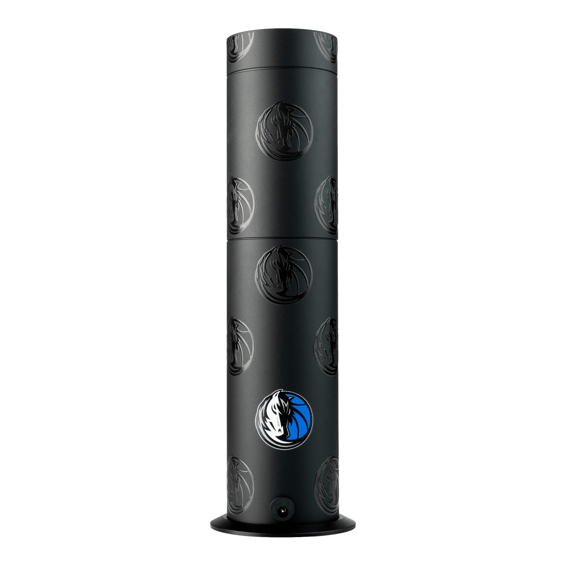 Black cylindrical product with logos on a white background