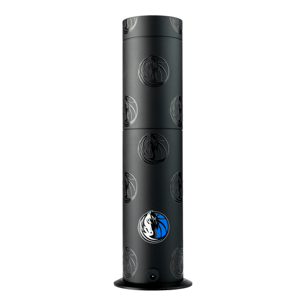 Black cylindrical product with logos on a white background