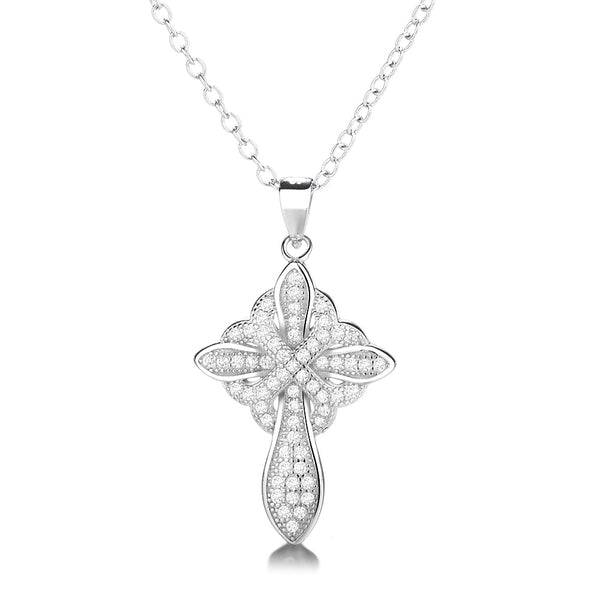 14K Gold And Sterling Silver Studded Cross Pendant Necklace