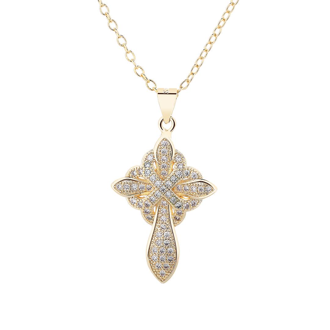 14K Gold And Sterling Silver Studded Cross Pendant Necklace