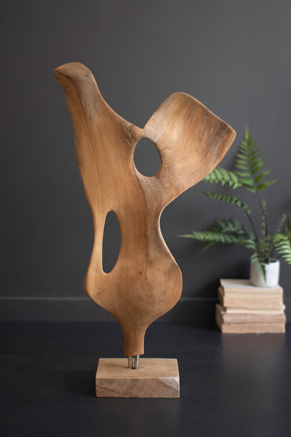 HAND-CARVED TEAK WOOD SCUPLTURE ON A BASE - SMOOTH
