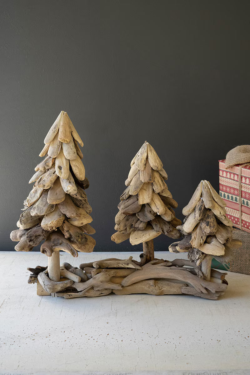 THREE DRIFTWOOD CHRISTMAS TREES ON A BASE