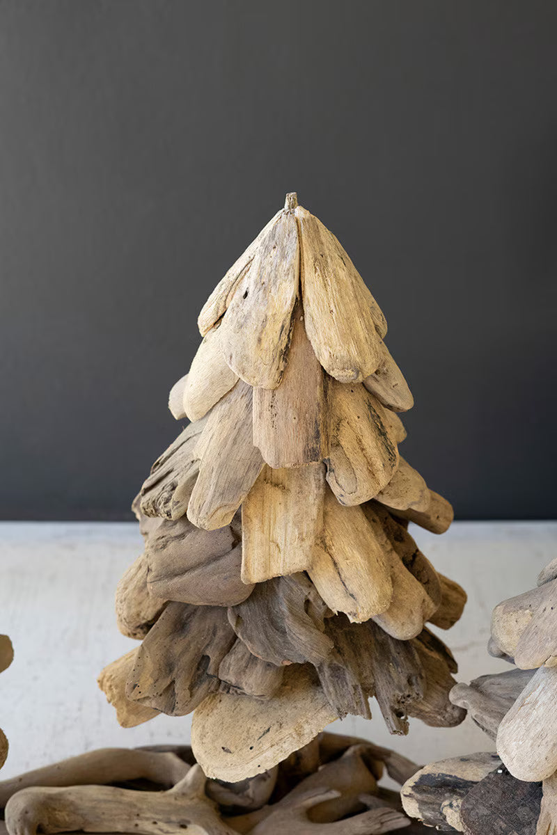 THREE DRIFTWOOD CHRISTMAS TREES ON A BASE