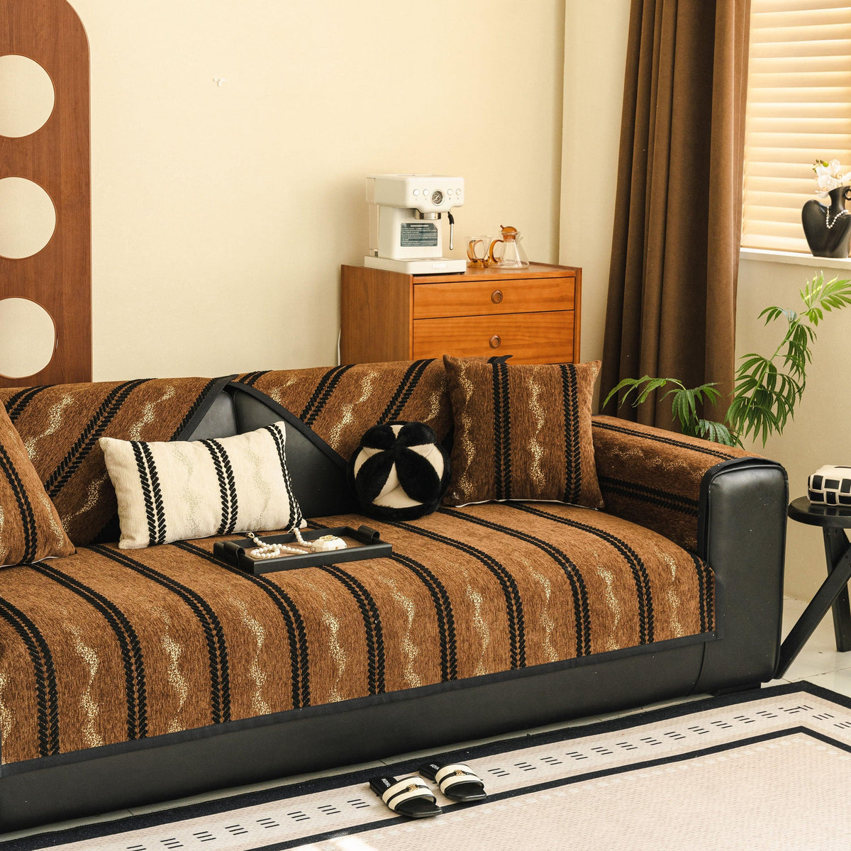Non-Slip Sofa Cover with Thick Chenille Texture Woven Stripe Couch Protector Throw
