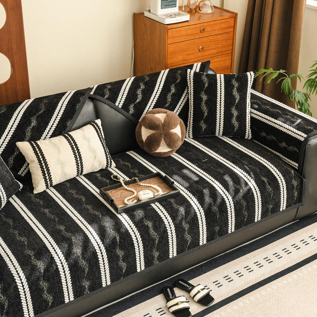 Non-Slip Sofa Cover with Thick Chenille Texture Woven Stripe Couch Protector Throw