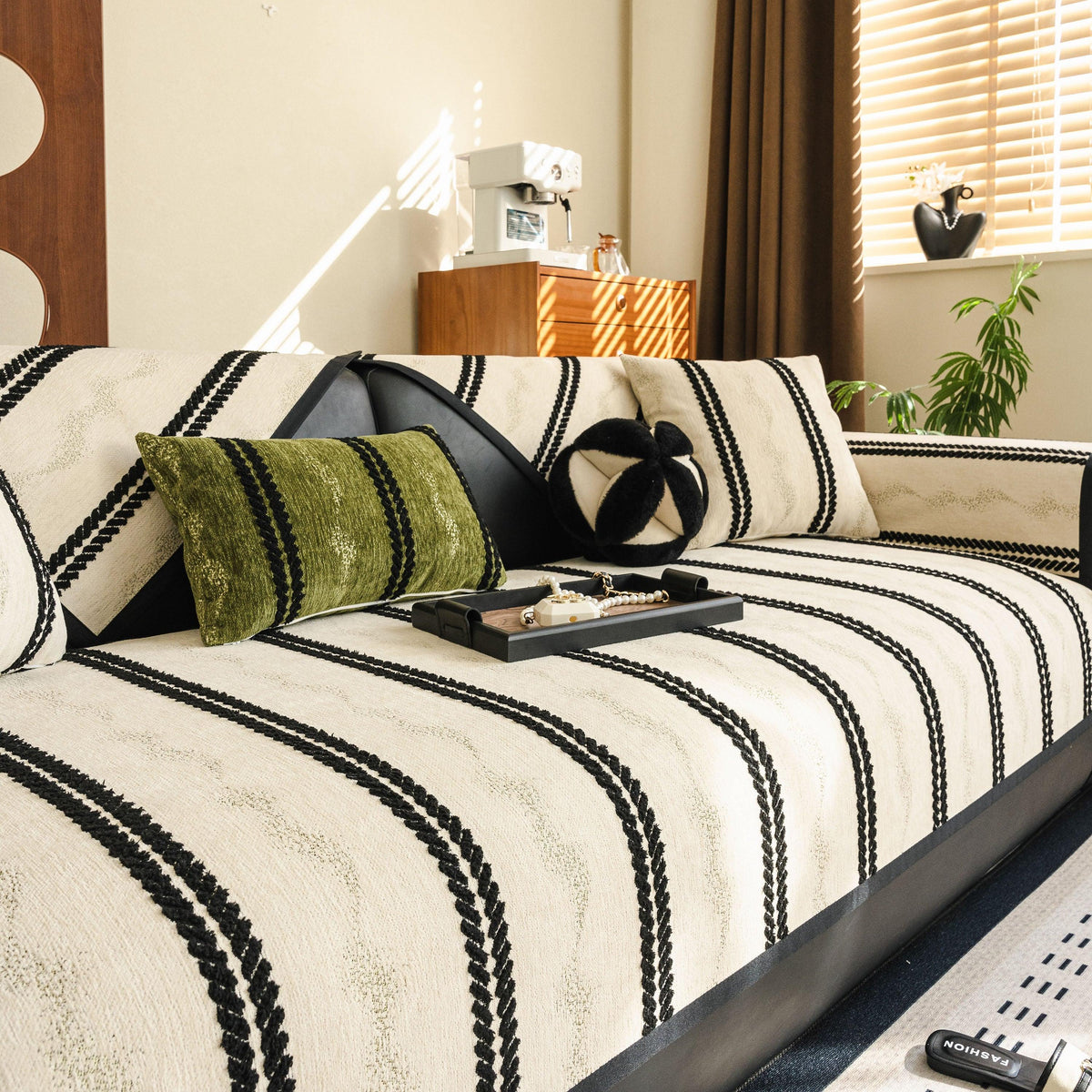 Non-Slip Sofa Cover with Thick Chenille Texture Woven Stripe Couch Protector Throw