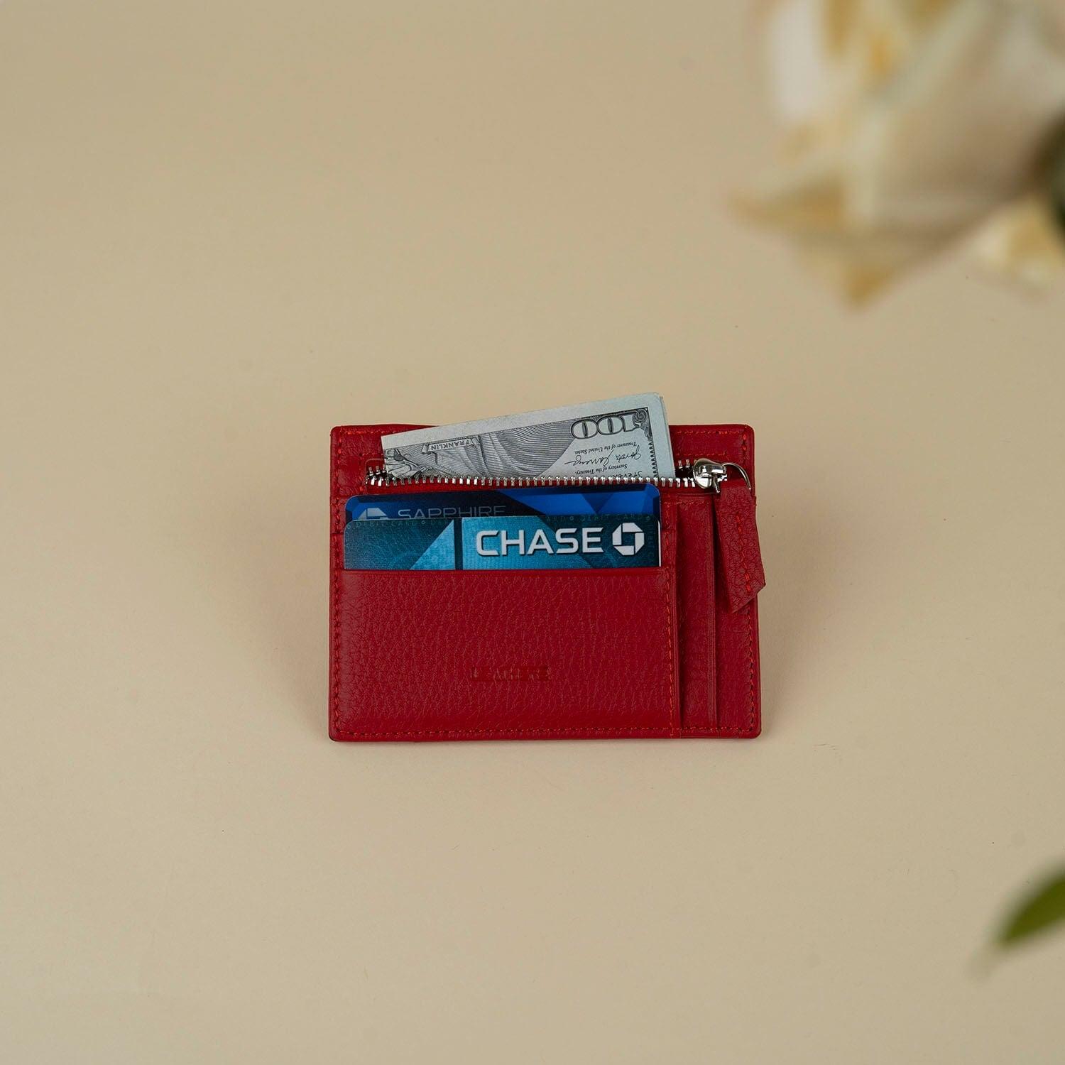Vibrant Leather Card Holder with Zipper Pocket - Red - Concord