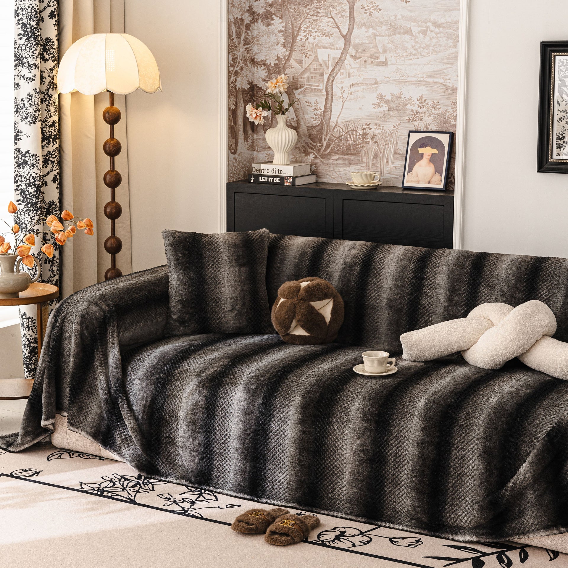 Faux Fur Sofa Cover Washable Furniture Protector for Sectional Warm & Fuzzy Slipcover