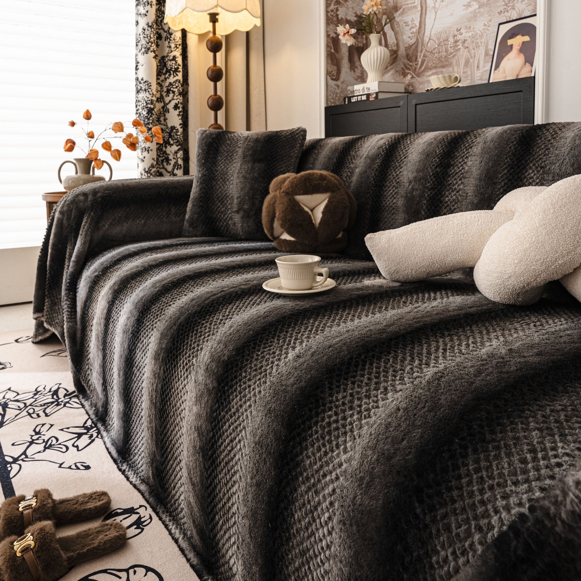 Faux Fur Sofa Cover Washable Furniture Protector for Sectional Warm & Fuzzy Slipcover