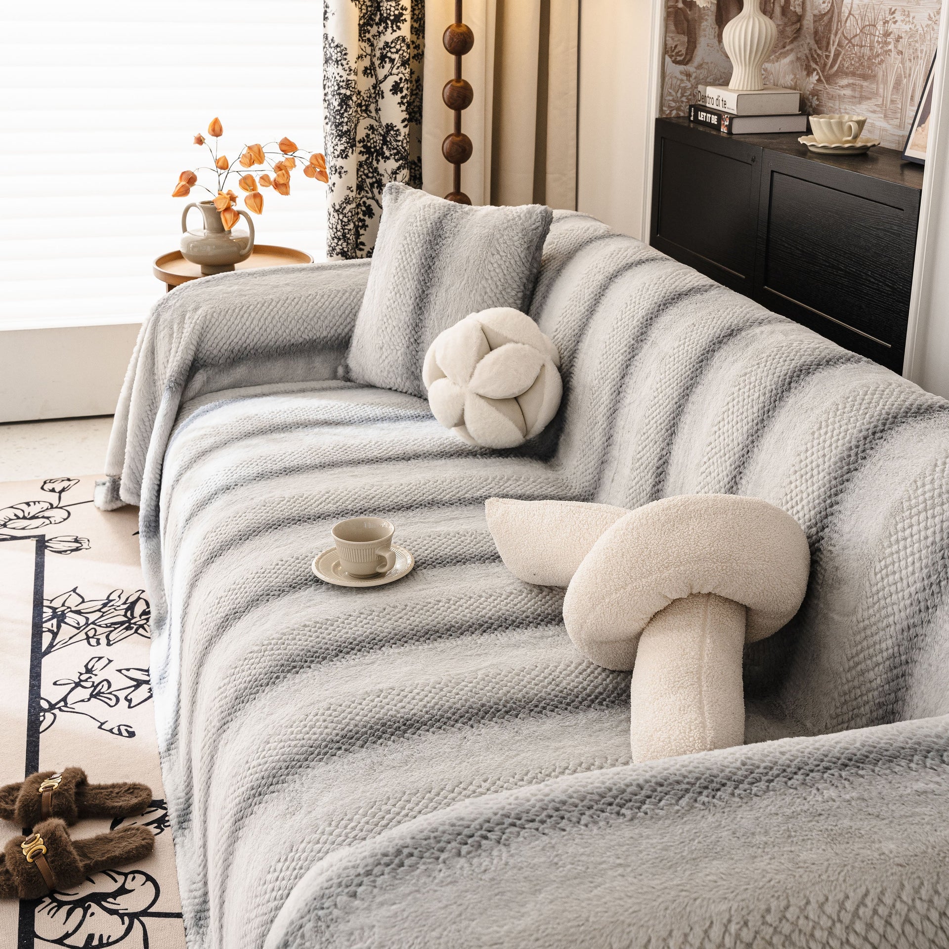 Faux Fur Sofa Cover Washable Furniture Protector for Sectional Warm & Fuzzy Slipcover