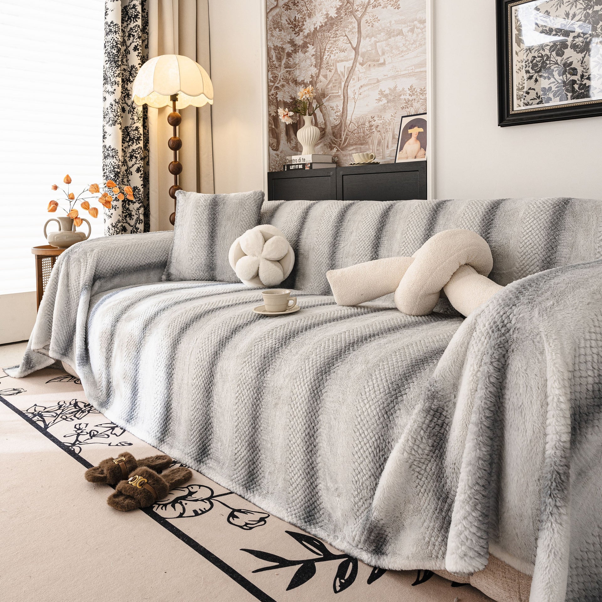 Faux Fur Sofa Cover Washable Furniture Protector for Sectional Warm & Fuzzy Slipcover