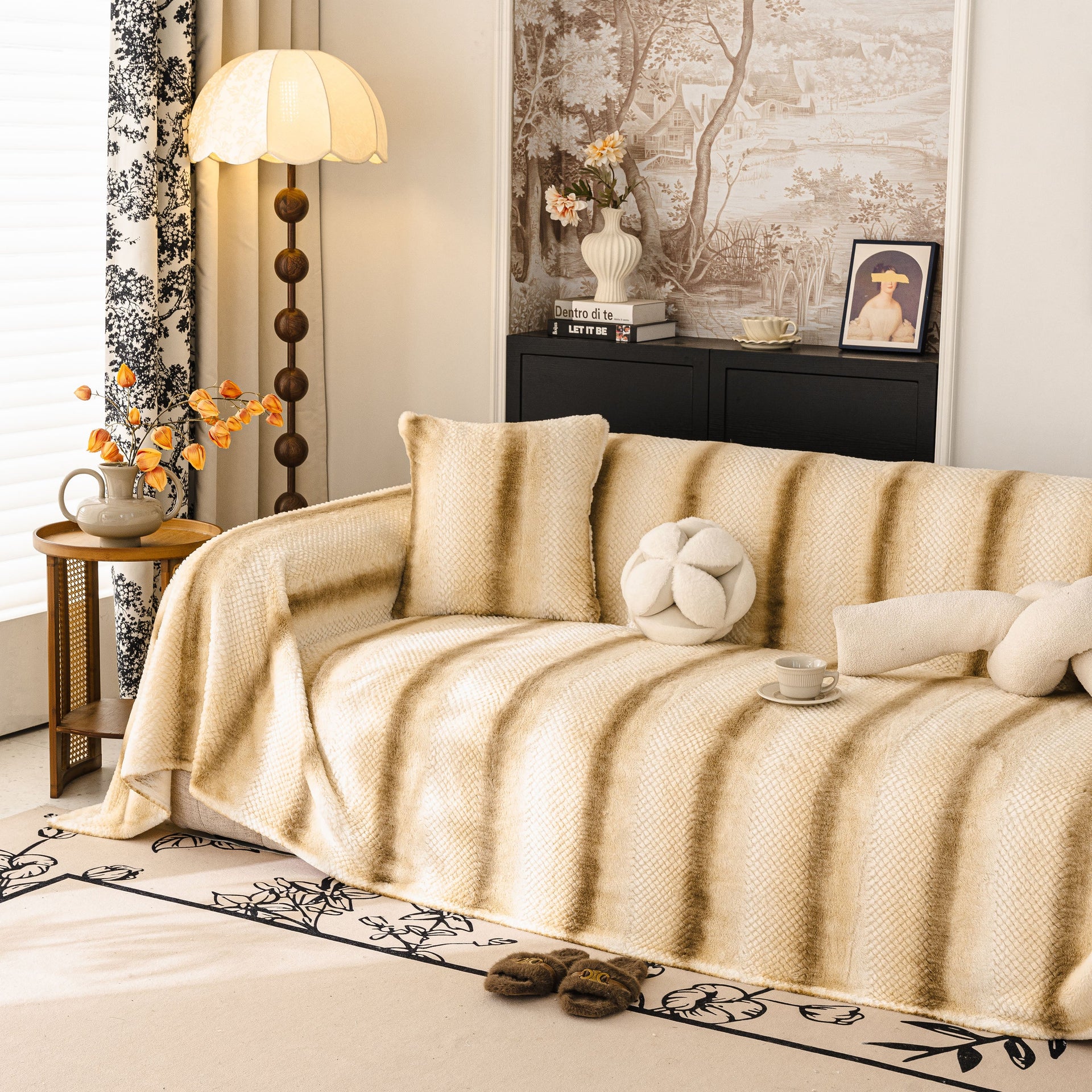 Faux Fur Sofa Cover Washable Furniture Protector for Sectional Warm & Fuzzy Slipcover