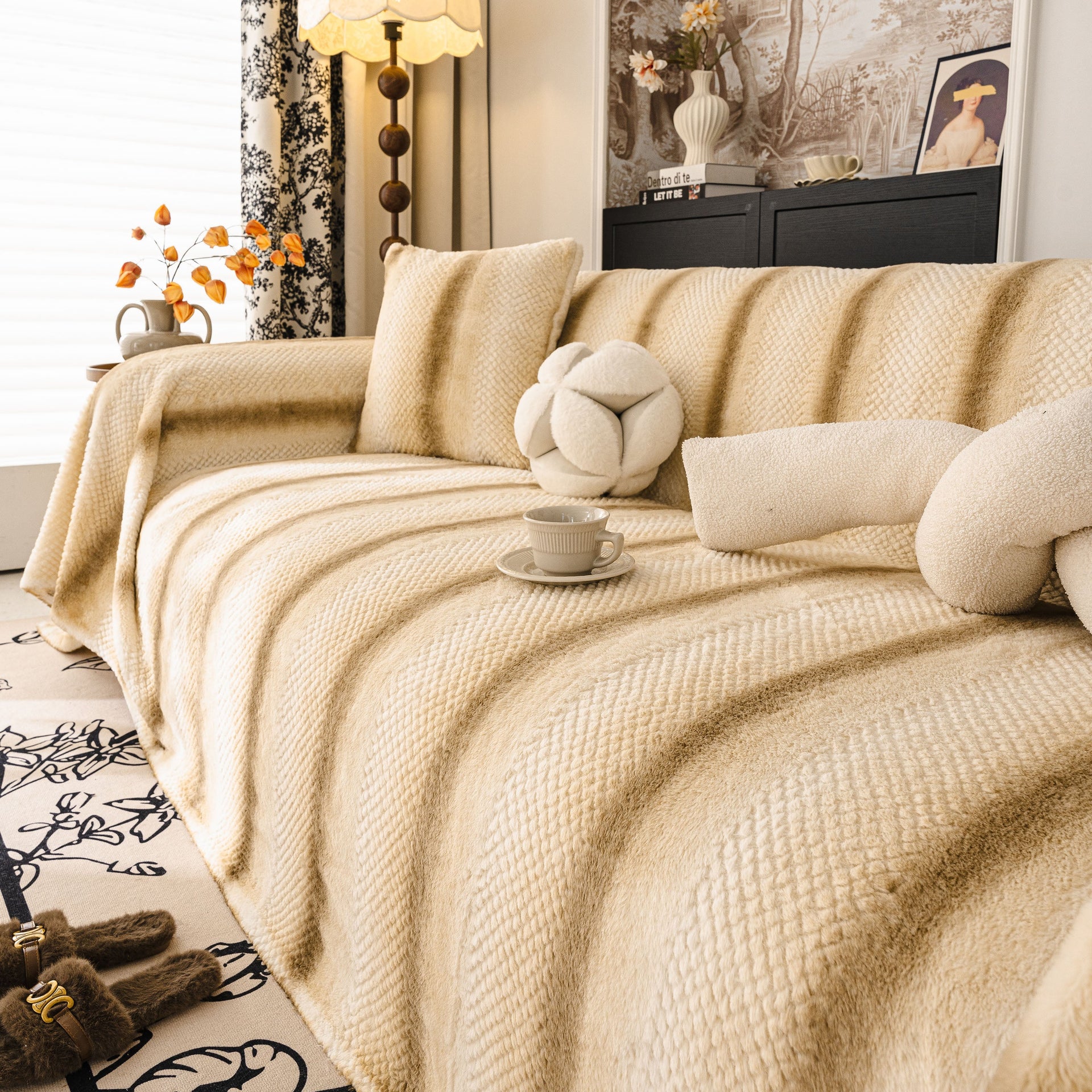 Faux Fur Sofa Cover Washable Furniture Protector for Sectional Warm & Fuzzy Slipcover