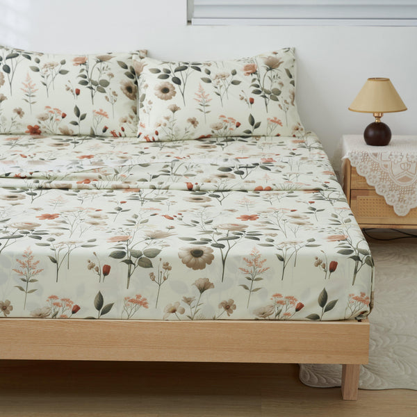 DaDalogy Enchanted Meadow Bed Sheet Set - Floral Harmony in Beige, Rose, and Soft Green, Premium Soft Microfiber, Machine Washable, Deep Pocket 14 - 15 Inches + Flat Sheet