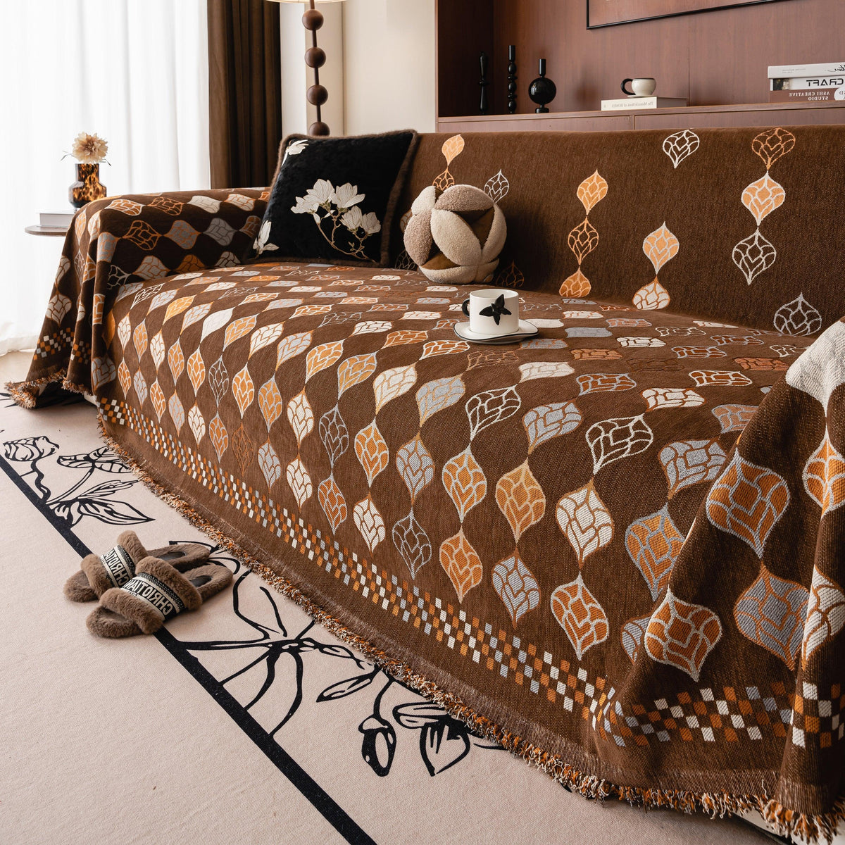 Boho Geometric Sofa Slipcovers Chenille Scratch Resistant Couch Protective Covers
