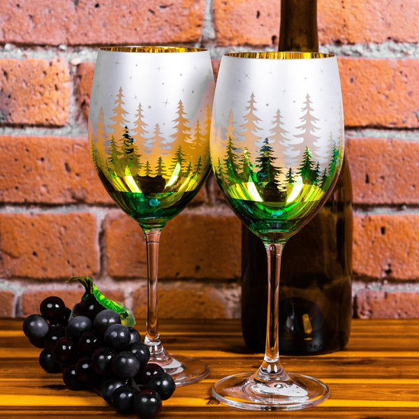 Green Pine Tree Wine Glasses Jersey Art Glass