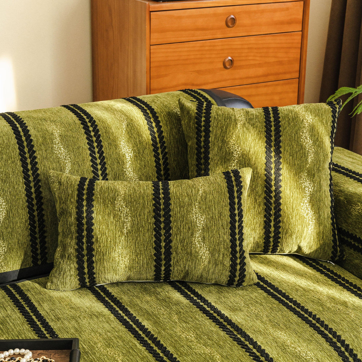 Non-Slip Sofa Cover with Thick Chenille Texture Woven Stripe Couch Protector Throw