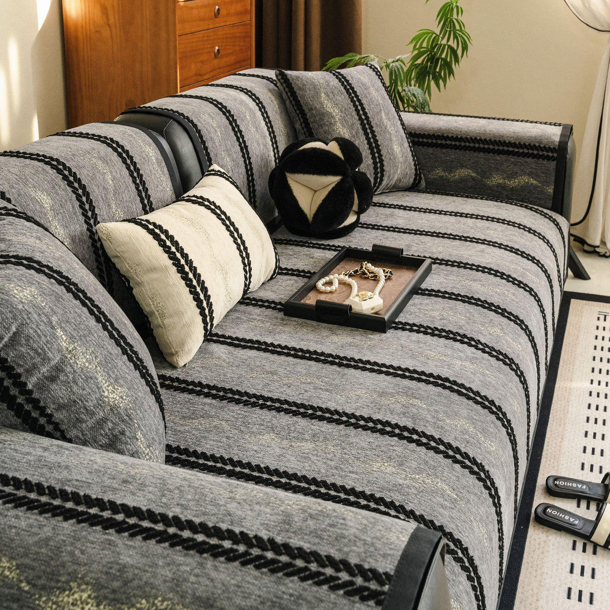 Non-Slip Sofa Cover with Thick Chenille Texture Woven Stripe Couch Protector Throw