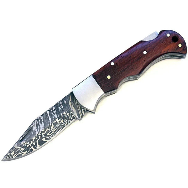 Excalibur Damascus Pocket Knife with Exotic Red Heart Wood Handle - Gifts for You 'n Me