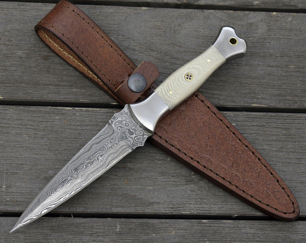 Prowler Damascus Hunting Fixed Blade Knife with G10 Handle & Leather Sheath
