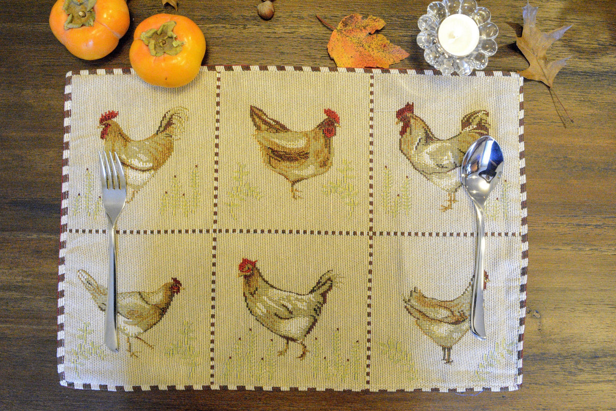 Tache Country Farmhouse Rooster Hens Woven Tapestry Placemat Set (13139PM)