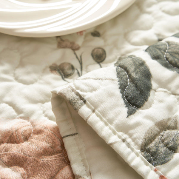 DaDalogy Enchanted Meadow Reversible Dinner Table Runner - Floral Elegance in Beige, Rose, and Soft Olive Green, Premium Soft Microfiber Quilted Table Runner