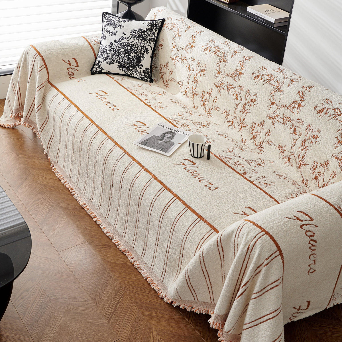 Chenille Striped Floral Couch Cover Sofa Slipcover for Most Shape Sofas, Reversible Sofa Throw Cover